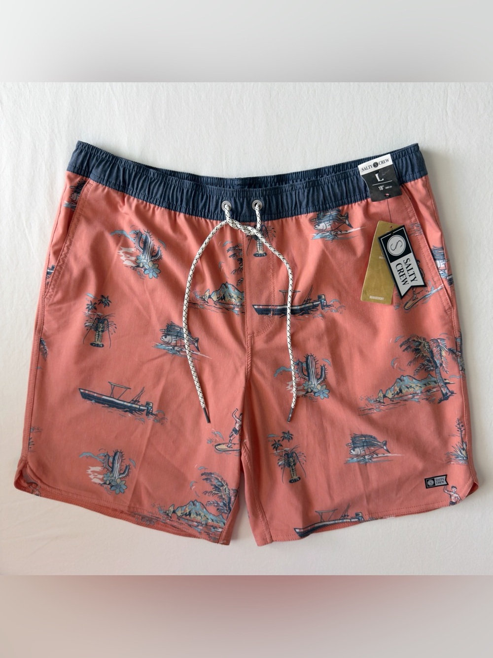 Salty Crew 18” Pescador Elastic Board Shorts Mens Large Swim Shorts Trunks Coral